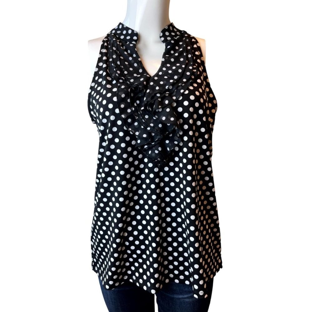 Lola B. Women Polka Dot Sleeveless Blouse Top Ruffle V Neck White Black Size M